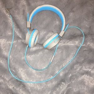 blue and grey headphones